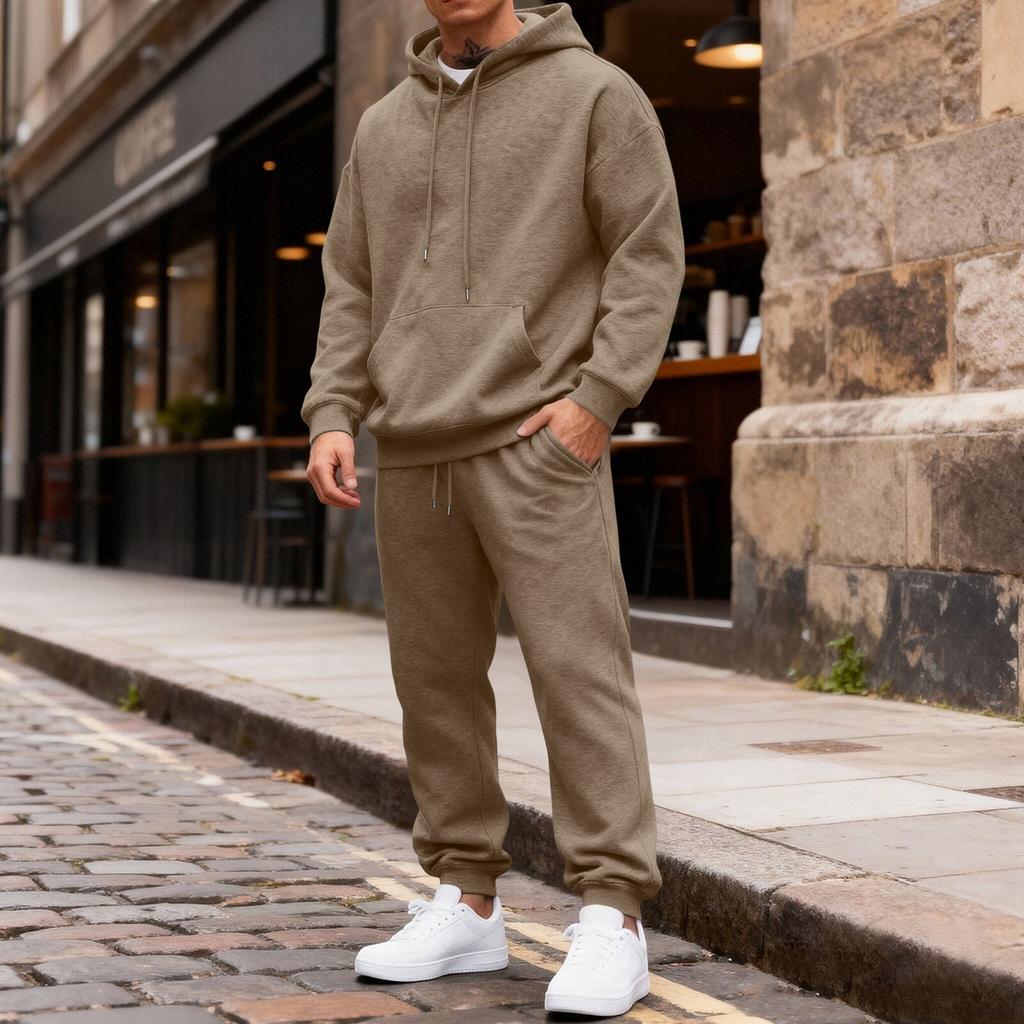 Men's Color Hoodie and Jogger Pants Set with Elastic Waist and Cuffed Ankles for Casual Wear