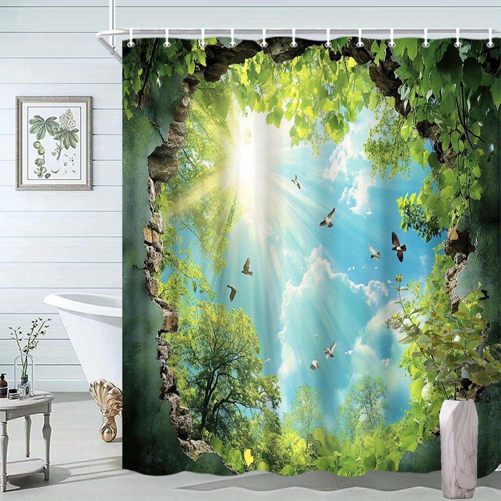 

Natural Sunlight Scenery Shower Curtain - Vivid Colorful Pattern, Green Forest & Flying Birds, Relaxing Effect, Polyester Decor W90xH180cm