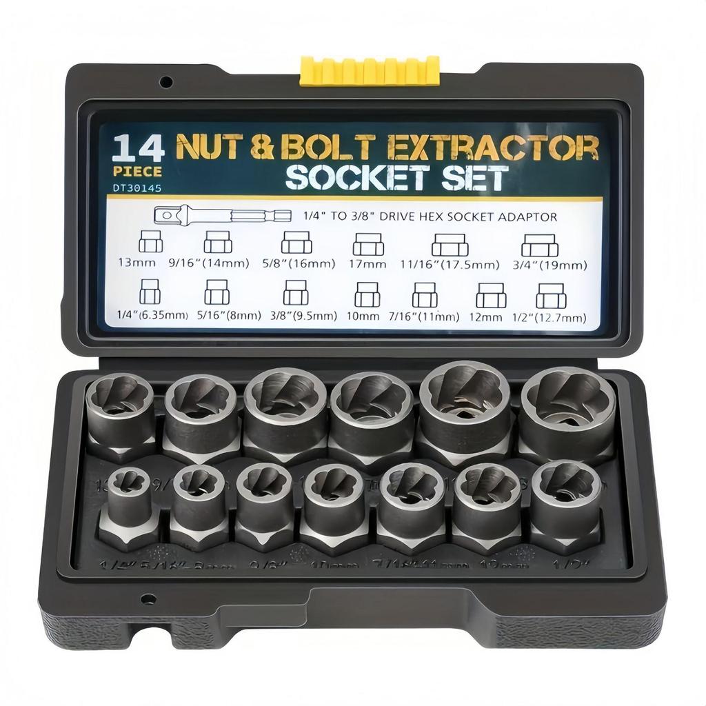 14dílná sada extraktorů šestihranných matic pro poškozené matice