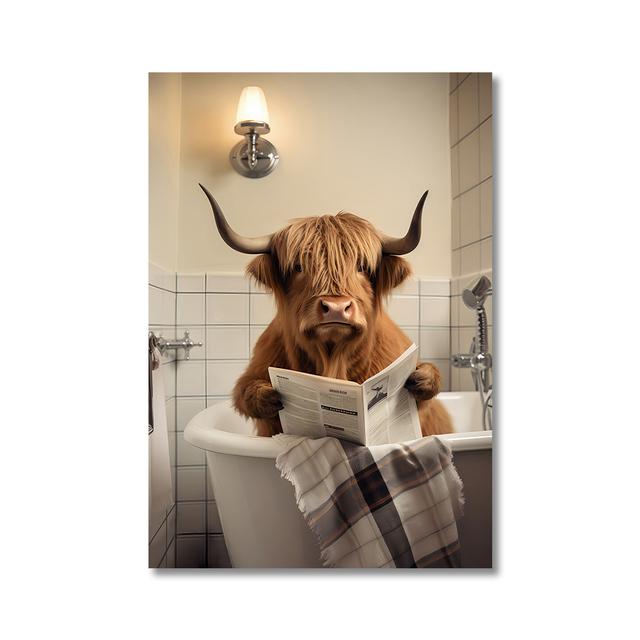 Funny Highland Cow On Toilet Wall Art Poster Prints Rustic Farmhouse Style Canvas Painting Picture for Bathroom Room Home Decor
