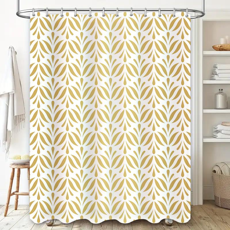 Gold Leaf Print Shower Curtain Elegant Bathroom Decor For Home Bathing Areawhite Background With Gold Flowers Size Customizable