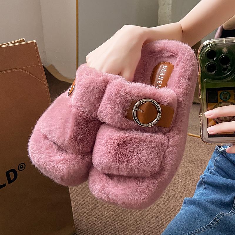 Fashion Women House Slippers 2025 New Designer Plush Slippers Summer Home Furry Fur Slides Women Luxury Slip on Platform Shoes Female