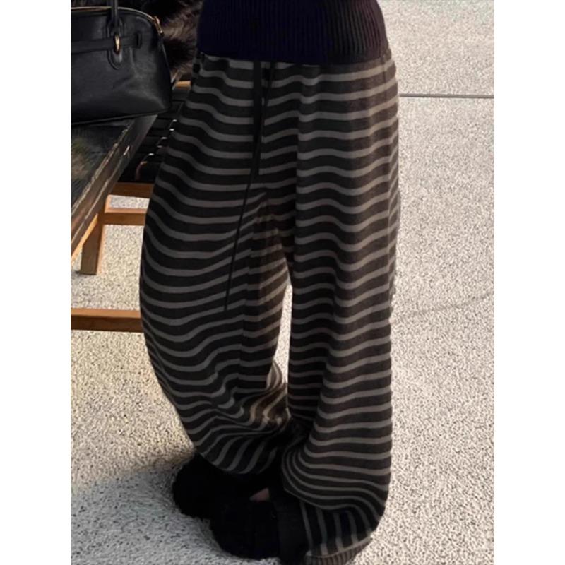 Harajuku Contrast Color Striped Women Wide Leg Pant Vintage Grunge Loose Knitted Pant Y2K Casual Lady Straight Trousers