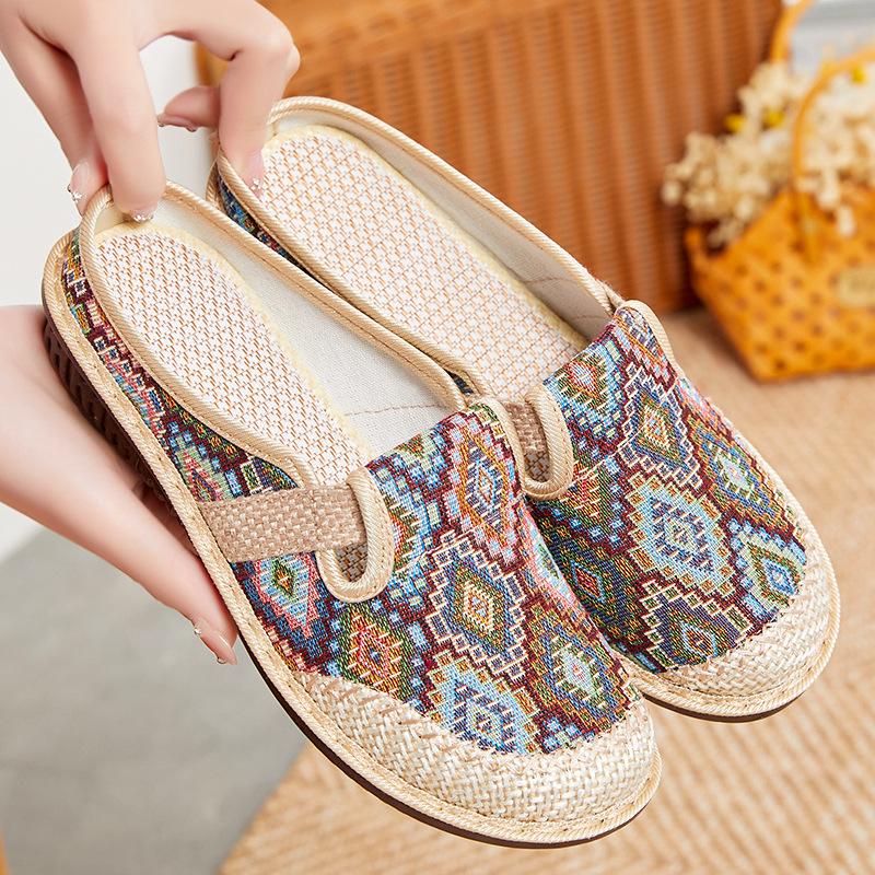Women's Ethnic Linen Closed-Toe Half Slippers – 2025 New Soft Sole Casual Shoes