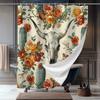 Southwest Elegant Shower Curtain - Bull Head Hanging Wall Decoration with Cactus and Flowers for Living Room and Bedroom