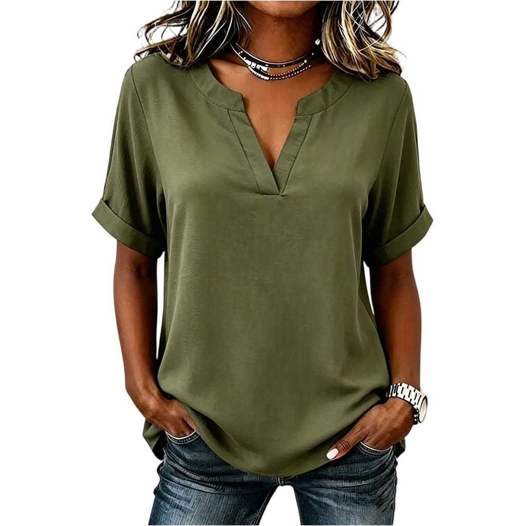 Women V Neck Short Sleeve Casual Blouse Lightweight Loose Fit Tunic Top with Roll Up Sleeve Design for Everyday Wear
