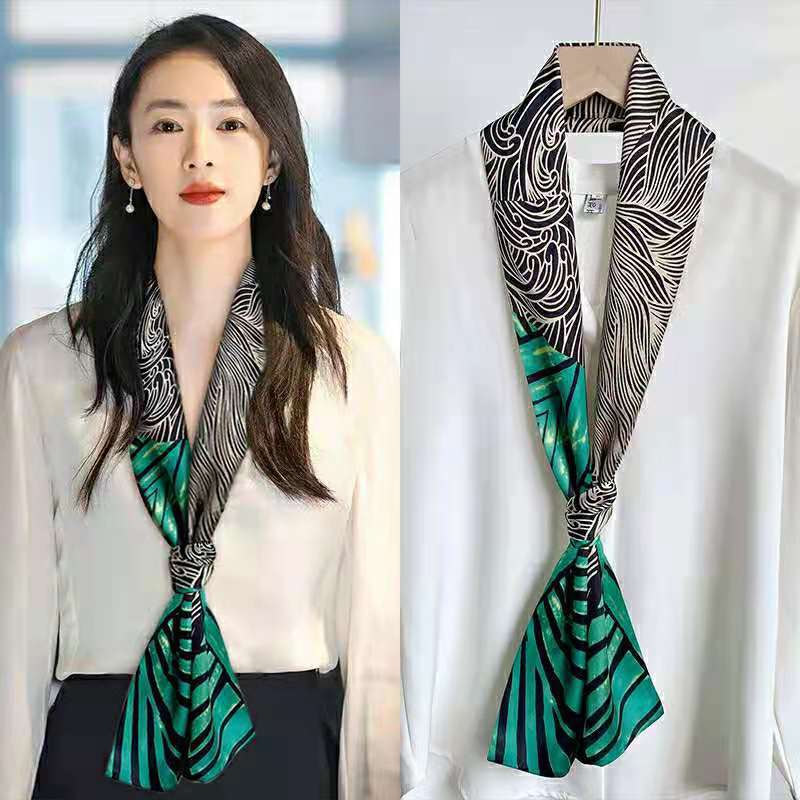 Luxury Silk Long Scarf Women Bag Handle Ribbon Ladies Plaid Print Headband Small Hair Scarves Band Female Handkerchief