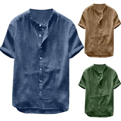 Men Casual Solid Color Short Sleeve Cotton Linen Buttons Down Beach Loose Shirt
