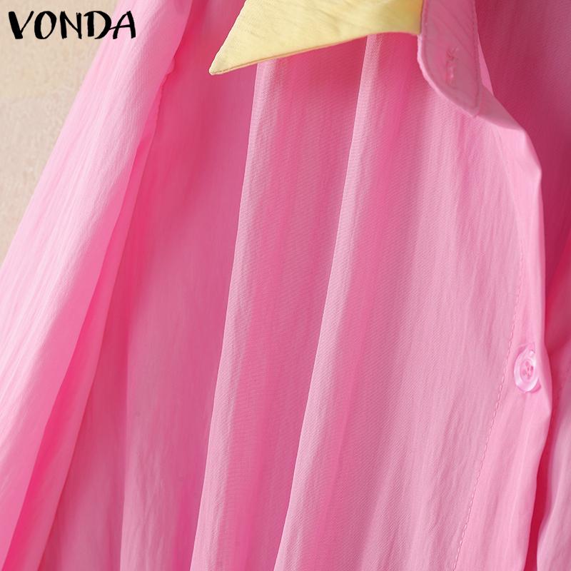 VONDA Women Elegant Lapel Neck Puff 3/4 Sleeve Button Ruffled Slim Waist Casual Blouse