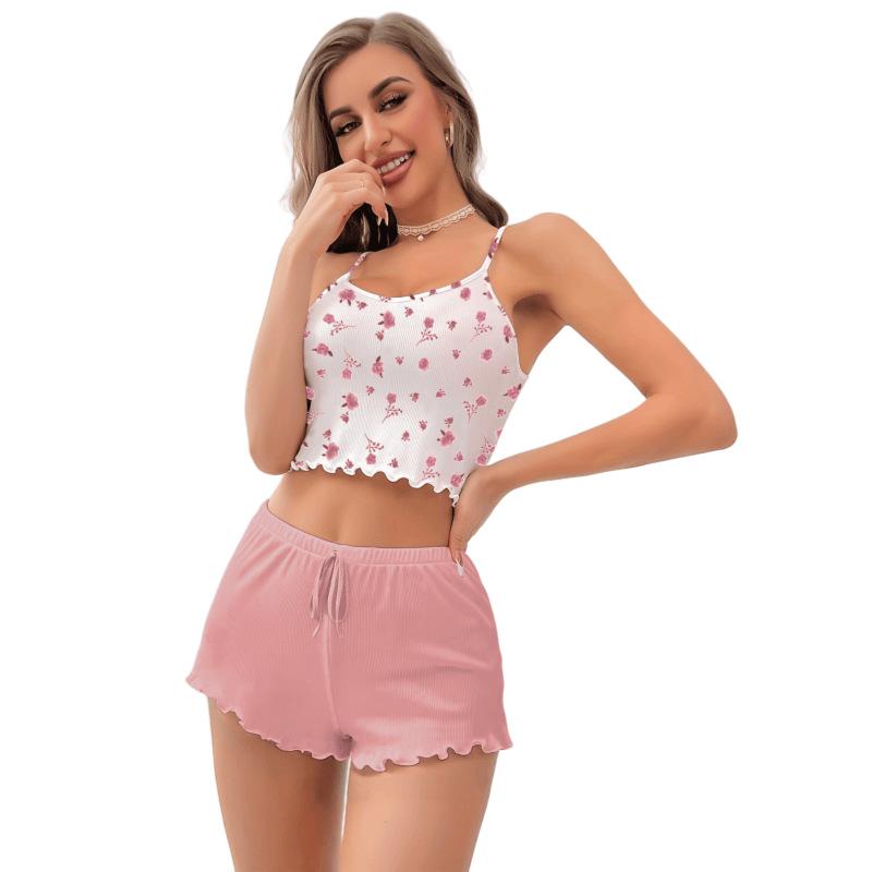 European and American Style Women’s Floral Cami Top and Shorts Set Casual Comfortable Loungewear Pajamas for Indoor Wear