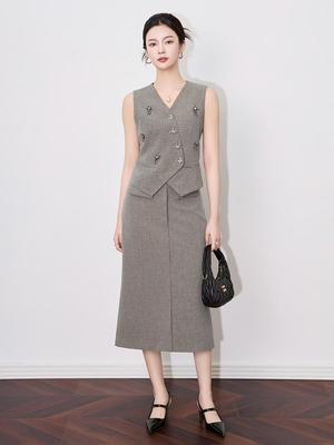 Old Money V-neck Button Vest & Fashionable Midi Skirt Two-piece Set