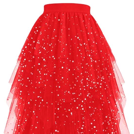 Damenrock Sternenhimmelmuster Doppellagig Mesh Hoher Bund Rock mit unregelmäßigem Saum Asymmetrisch Hoher Schlitz Party Auftrittsrock