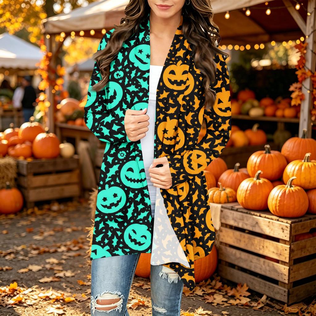 Women's Casual Long Sleeve Cardigan with Halloween Print for Festive Occasions