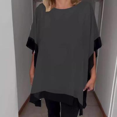 T-shirt Patchwork Uni à Col Rond et Manches Chauve-Souris Amples pour Femme