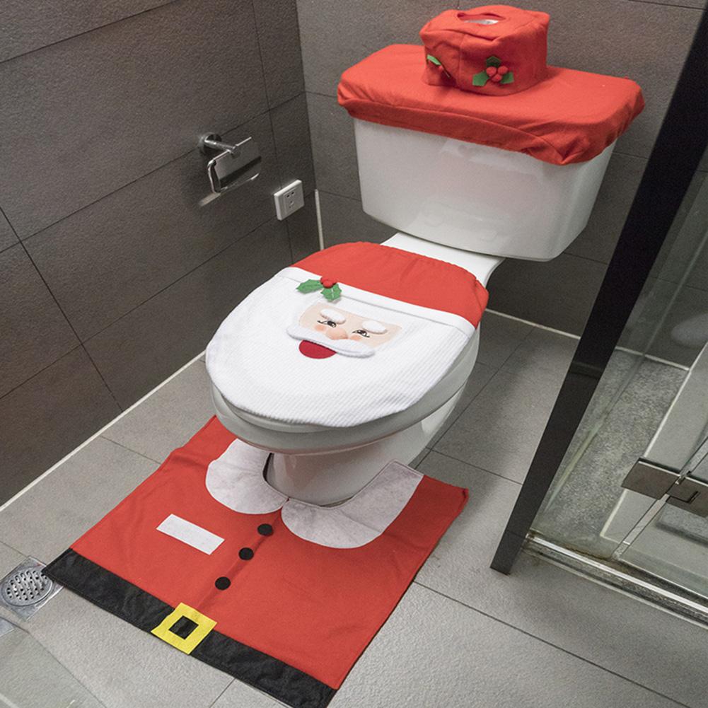 3Pcs Christmas Toilet Seat Cover Decorative Carpet Set Bathroom Cartoon Cute Santa Claus Pattern Toilet Lid Cover Xmas Supplies
