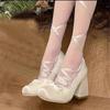 Seiden Quadratische Zehenspitze Damen Hoher Absatz Ballerinas Schnürung Mode Damen Pumps Klobige Absätze Lolita Schuhe Damen Mary Janes Schuhe