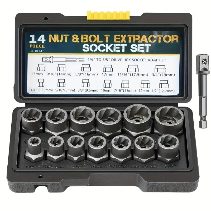 14 Pcs Impact Bolt Nut Remover Set Cr-Mo Steel Bolt Extractor Tool Set for Industrial