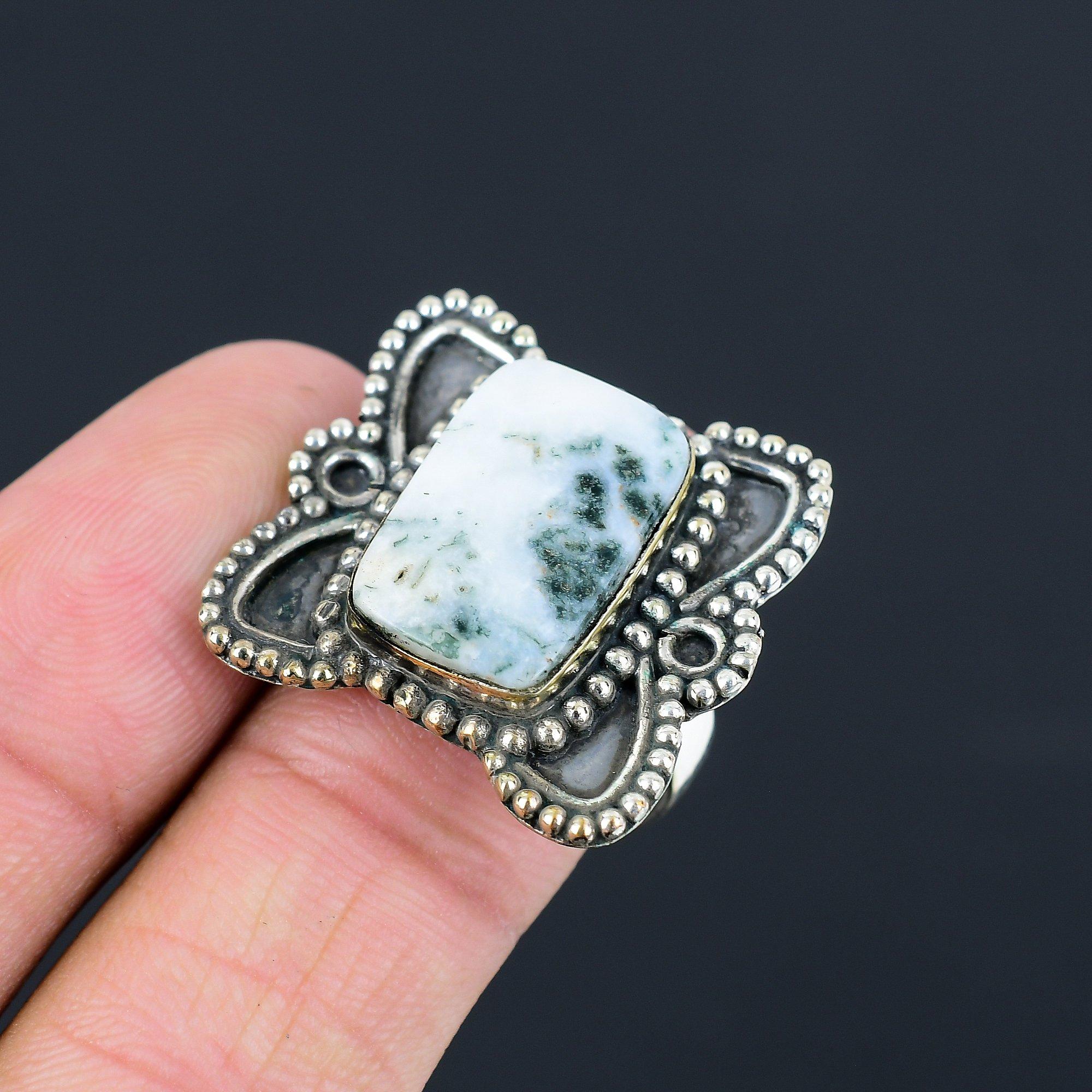 925 Silver Tree Agate Gemstone Anniversary Ethnic Daughter Statement Unique Ring 9
