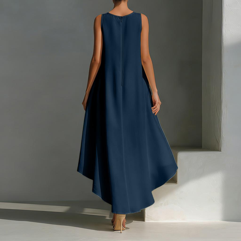 Women's Color Cotton Linen Irregular Sleeveless Dress With Short Front And Long Back