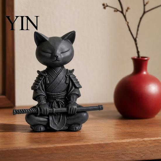 Small Stable Cat Model 3D Printed Knight Figurine, Meditating Desk Decor with Zen Warrior Pose, Desktop Minimalist Frosted Animal Sculpture for Office