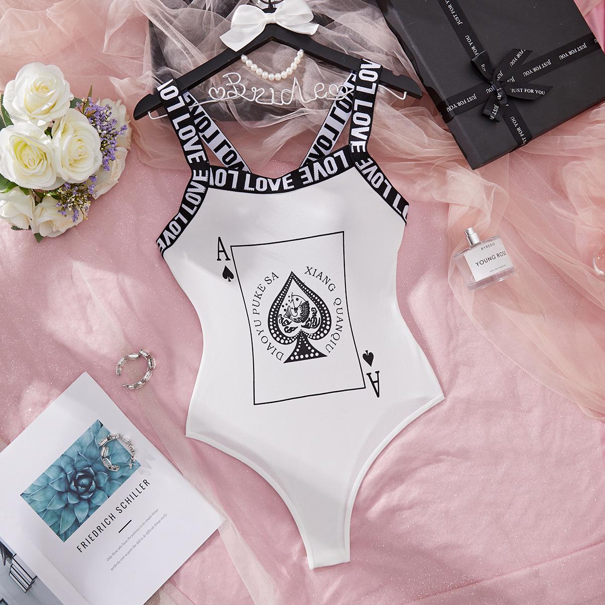 

Women s shapewear onesie European and American letter suspenders playing cards body corset briefs one-piece S белый