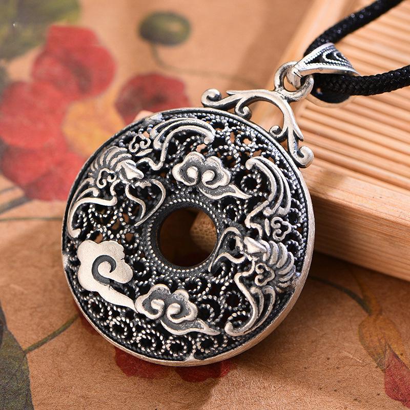Sterling Silver S999 Unisex Auspicious Cloud & Bat Necklace - Retro Good Luck Peace Buckle Pendant.