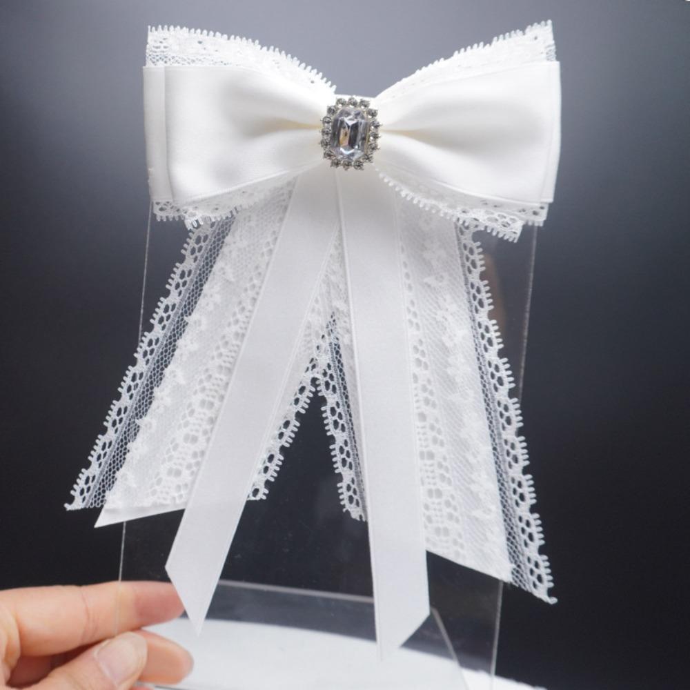 

New Black Memorial Black Ribbon Bow Tie Brooch White Fabric Lace Rhinestone Necktie Shirt Collar Pin For Funerals and Mourning білий