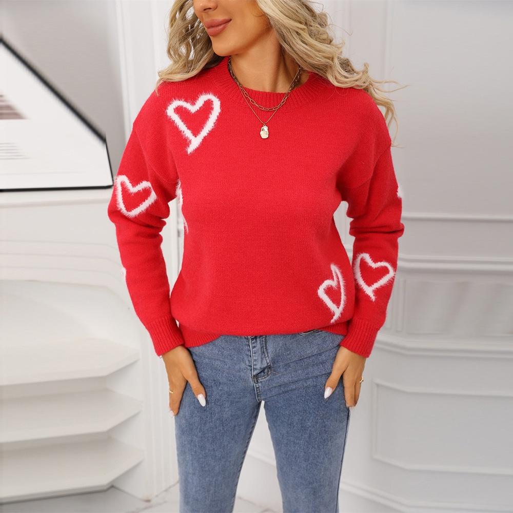 

Новый пуловер с круглым вырезом на День святого Валентина в форме сердца, вязаный свитер большого размера XL красный