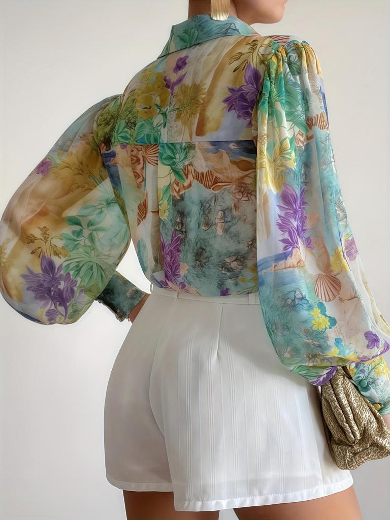 Elegant Semi-Transparant Shirt met revers & Lantaarnmouwen - Perfect voor Lente & Herfst