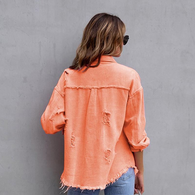 Jachetă din denim de lungime medie pentru femei, cu găuri cu margine brută, toamnă și iarnă, cu mâneci lungi, casual cu revere