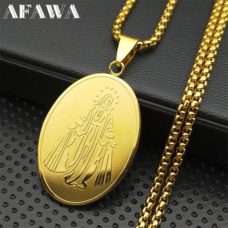 Katholische Unsere Liebe Frau von Guadalupe Anhänger Halsketten für Damen Herren Edelstahl Goldfarbe Jungfrau Maria Medaille Kette Schmuck N2206