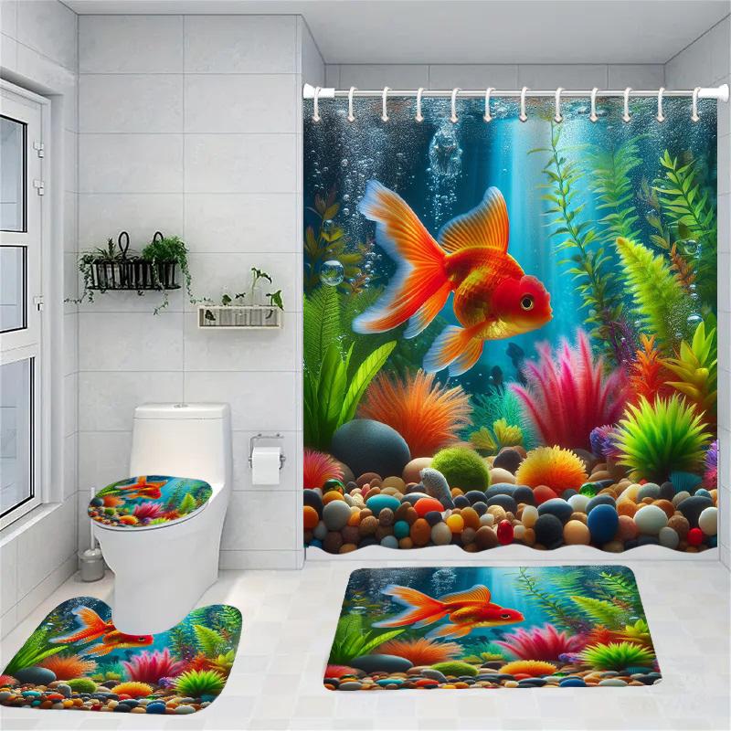 

3D Fishes Shower Curtain Animal Bath Sets Waterproof Non-Slip Bathroom Rug Toilet U With 12 Hooks Home Deco W60H190(CM)-1 Pcs