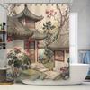 Elegant Traditional Chinese Garden Art Shower Curtain - Vibrant Watercolor Blossom And Pavilion Design Waterproof Durable