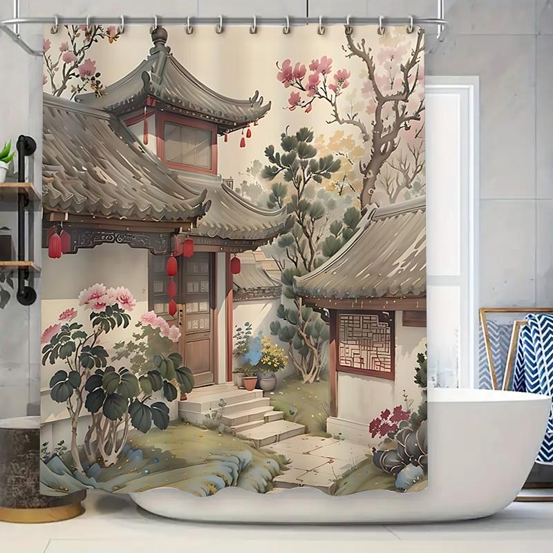 

Elegant Traditional Chinese Garden Art Shower Curtain - Vibrant Watercolor Blossom And Pavilion Design Waterproof Durable W60H190(CM)-1 Pcs