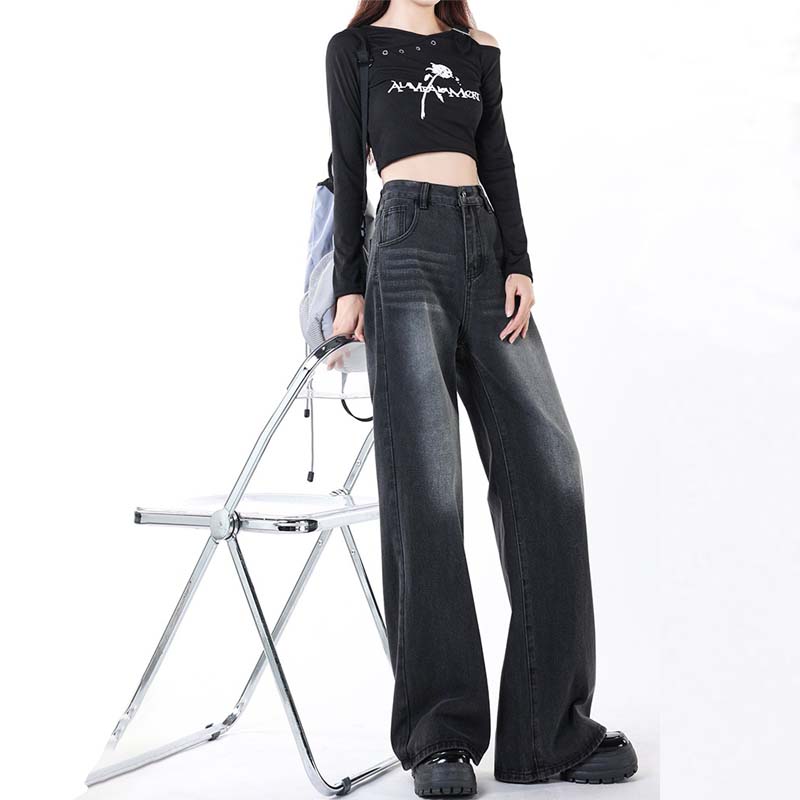 Retro Women's Jeans Autumn Winter Thicken Plus Velvet Dark Grey Denim Trousers High-Waisted Straight Pants Warm  Clothing