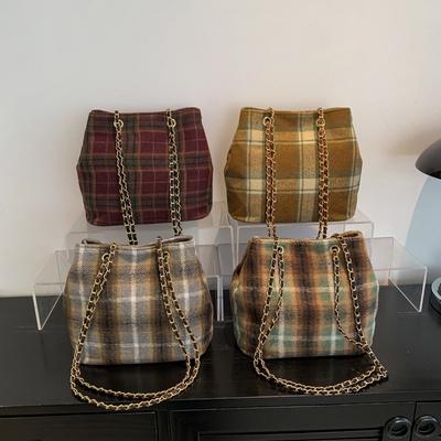 Retro Plaid Chain Shoulder Bag Women's  Autumn and Winter New Contrasting Color Underarm Bag Korean Version Bucket Bag