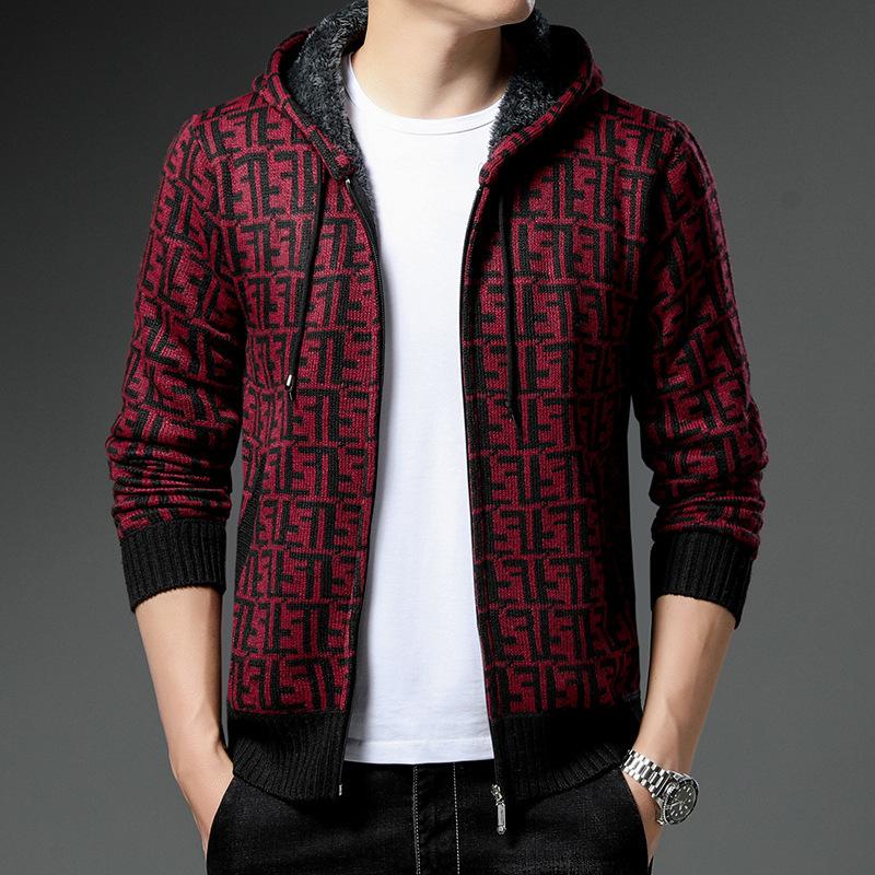 

Men s Young and Middle-aged Plus Fleece Sweater Autumn and Winter New Hooded Loose Cardigan Casual Sweater Wholesale M кларет
