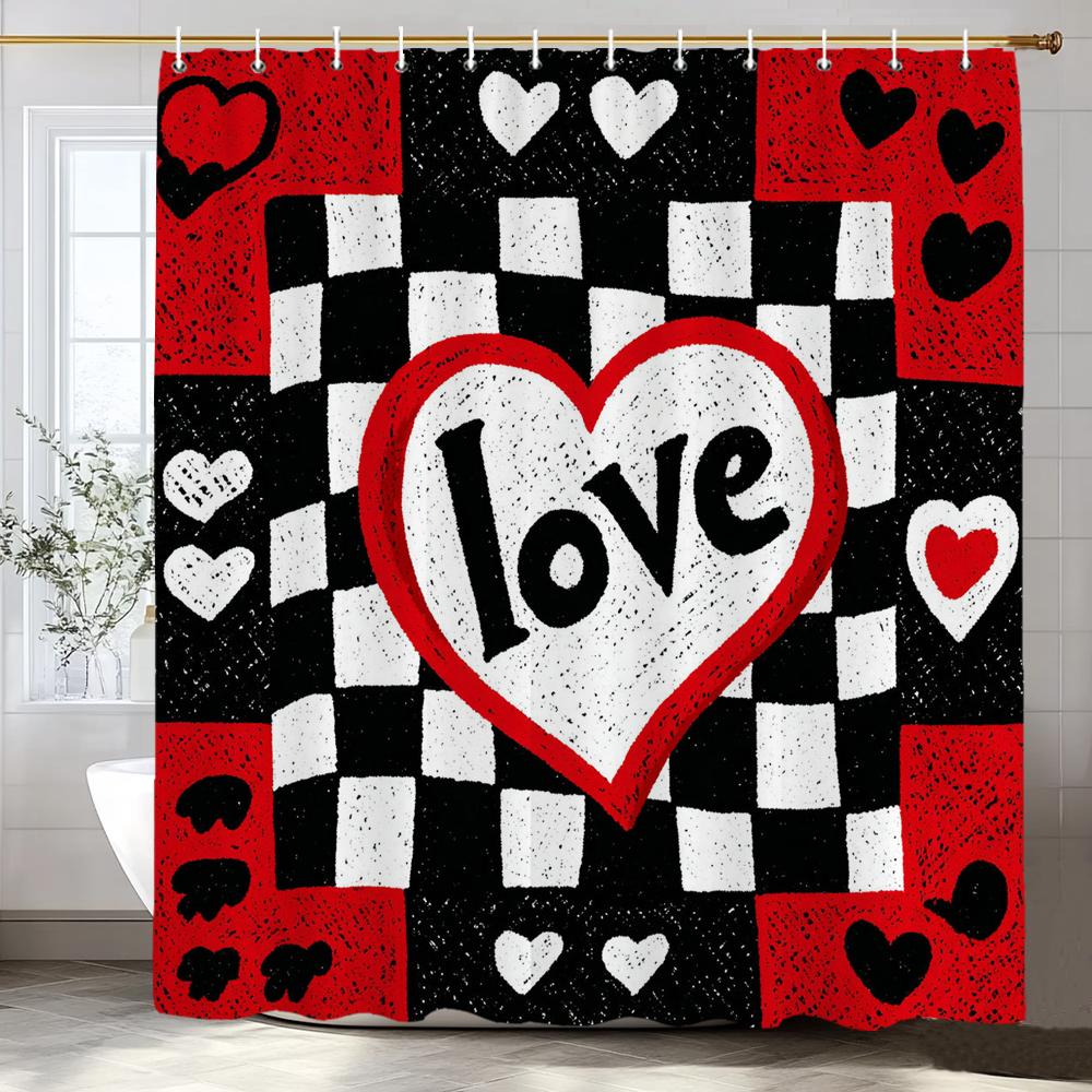 Modern heart-shaped Red Love Pattern Shower Curtain, Bathroom Decorative Shower Curtain, Waterproof Shower Curtain with Hooks