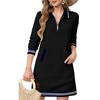 Women's Minimalist Casual Zipper Collar Pocket Color,Block Long,Sleeve Dress