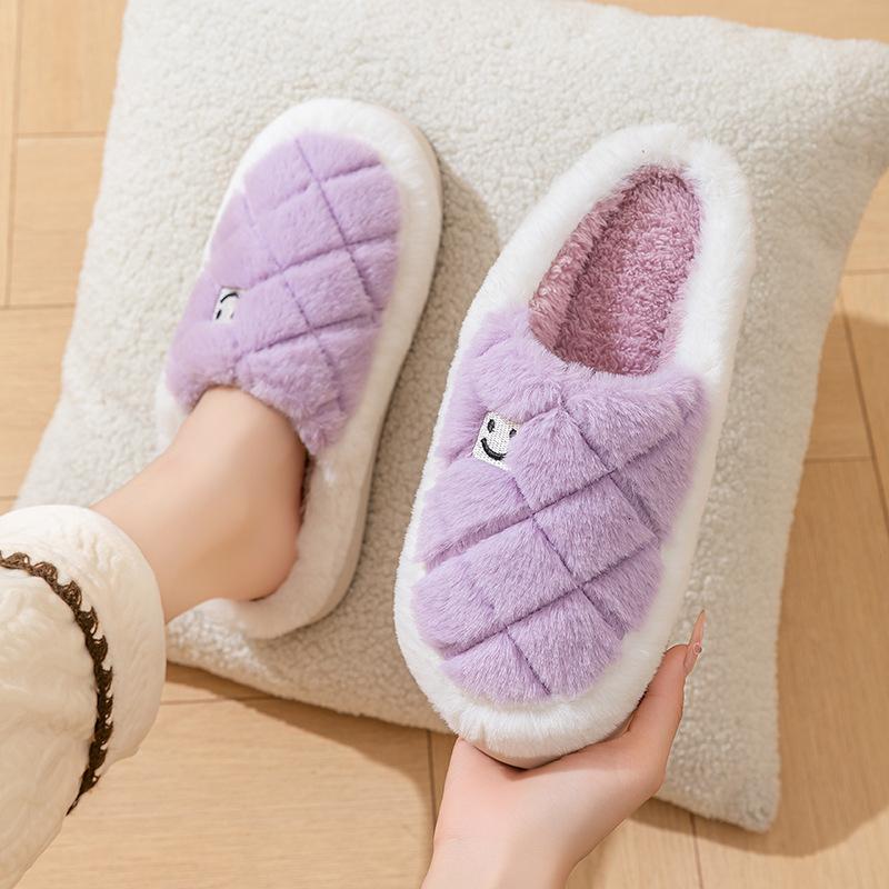 Winter new smiley face fluffy slippers piled thickened cotton slippers indoor home couple slippers non-slip and warm