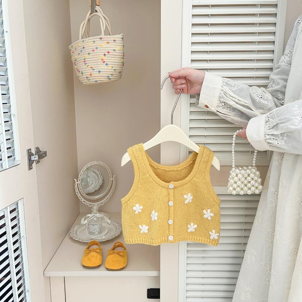 Super Korean Baby Spring Knitted Vest Three-Piece New Girls Sweet Suspender Doll Collar Bottom Shirt Straight Pants