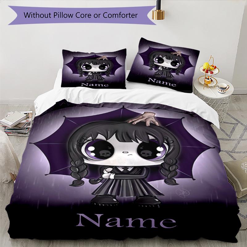 3pcs Custom Name Wednesday Bedding Set Duvet Cover Closure Includes 1 Duvet Cover & 2 Pillowcases, Soft and Comfortable for All Seasons.