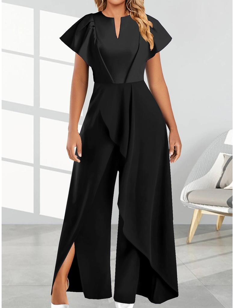 Women's V-Neck Asymmetrical Ruffle Shoulder Wide Leg Jumpsuit