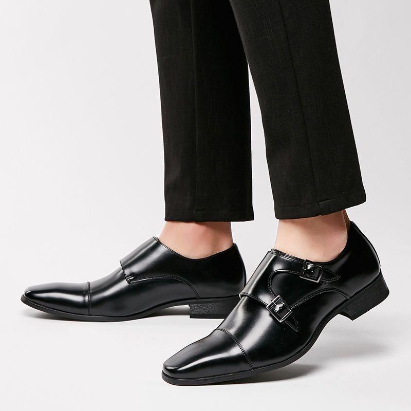 Classic Mens Dress Shoes Pointed Toe Cow Leather Buckle Monk Strap Casual Business Wedding Shoes for Men Black Brown