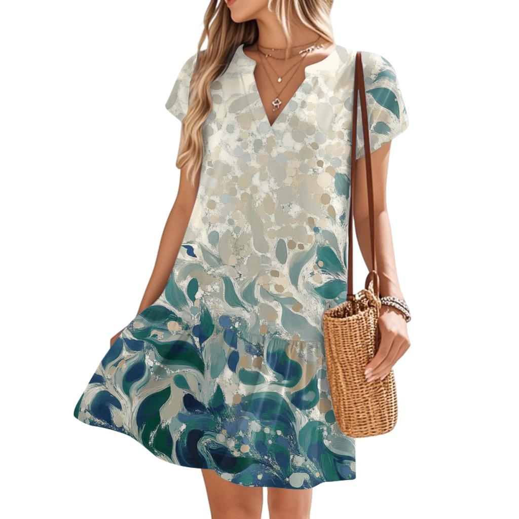 Damenkleider Kurzarm V-Ausschnitt Blumendruck Locker Lässig Temperament Strandkleider