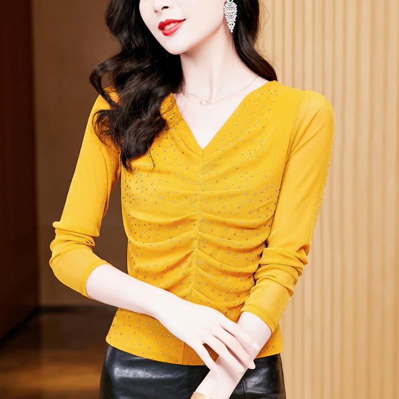 New Autumn V-neck Fashionable Temperament Versatile Bright Silk Mesh Yarn Long Sleeve Chic Base Shirt for Women