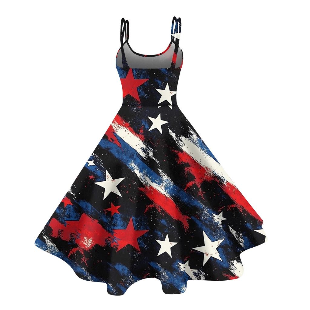 Sleeveless Midi Dress with Star and Stripe Print Casual Fit and Flare Tank Style Summer Dress for Women