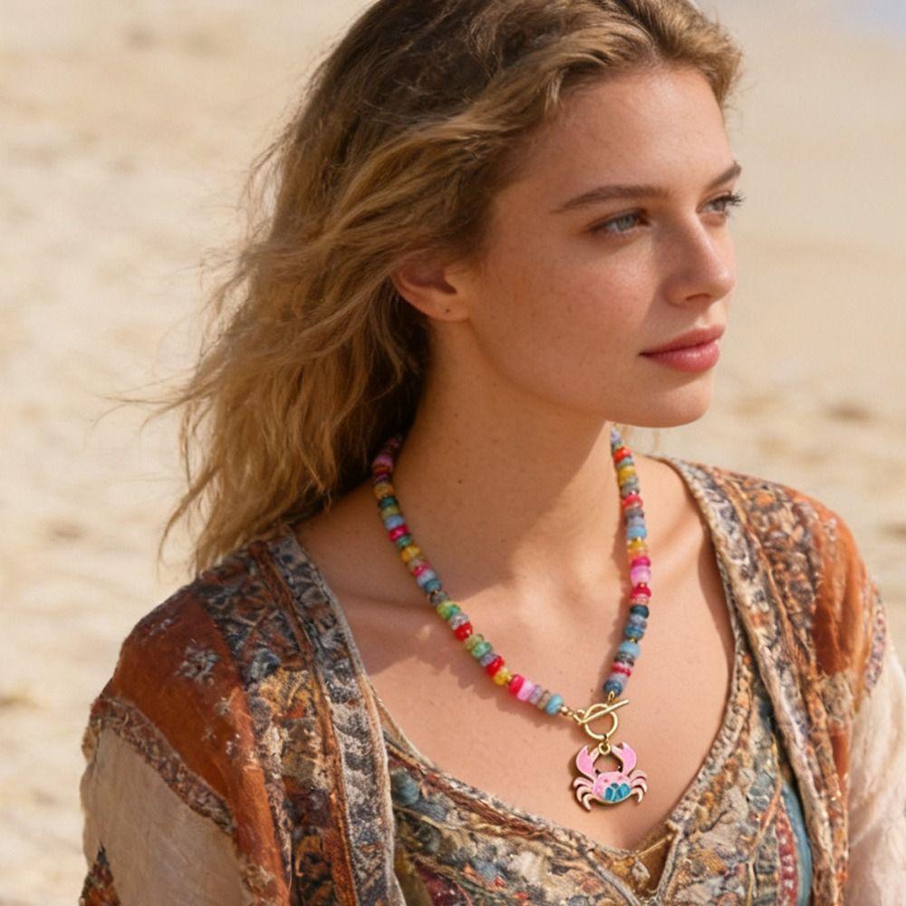 Handmade Crab Pendant Necklace Colorful Glass Beads Colorful Necklace Women Necklace for Women
