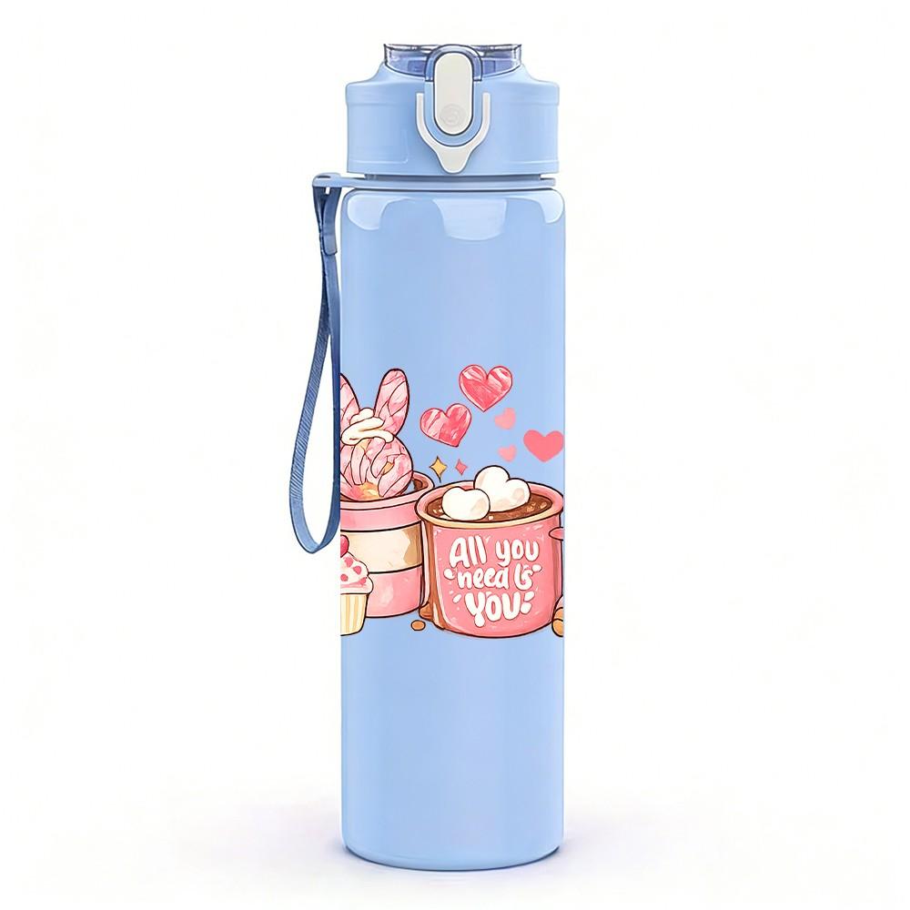 1PC Pink Milk Tea Drink Cup Print 750ml Color Plastic Sports Water Bottle Leakproof Flip Straw Lid Suitable for Sports Office Home Use