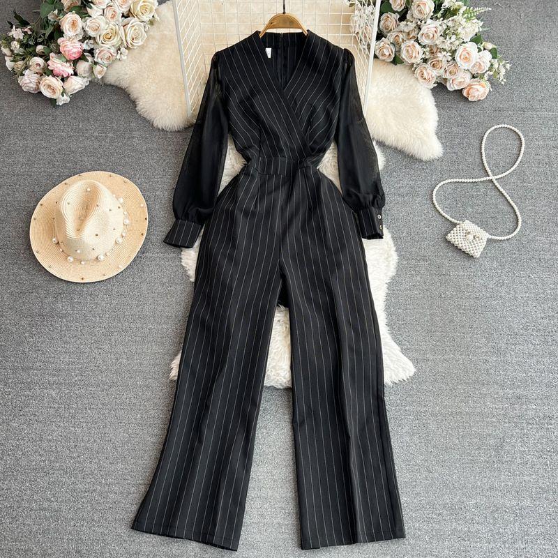 

Socialite Elegant V Neck Stripes Casual High Waist Jumpsuit Black M